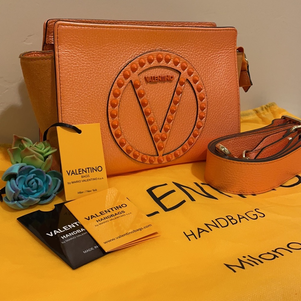 Valentino Orange Leather Shoulder Bag with Stud Detail